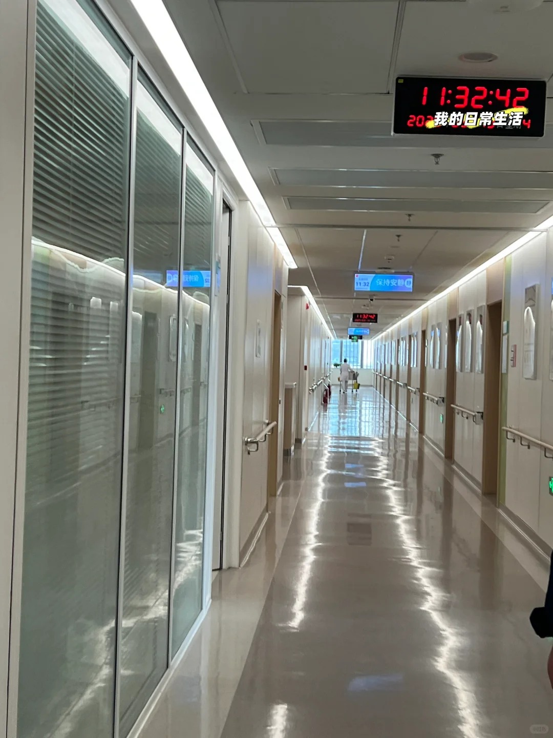 Bright and clean hospital corridor with glass walls and modern lighting
