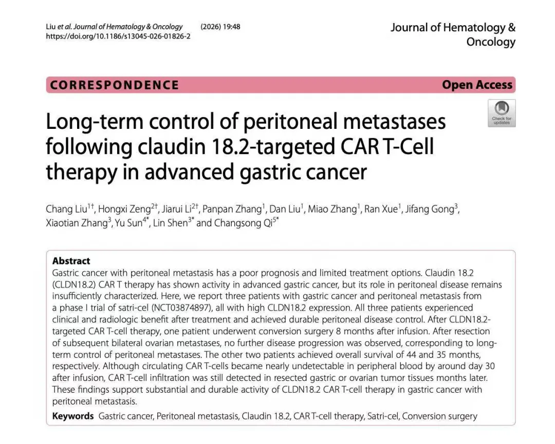 Journal of Hematology and Oncology correspondence article: Long-term control of peritoneal metastases following claudin 18.2-targeted CAR T-Cell therapy in advanced gastric cancer, by Liu et al. 2026