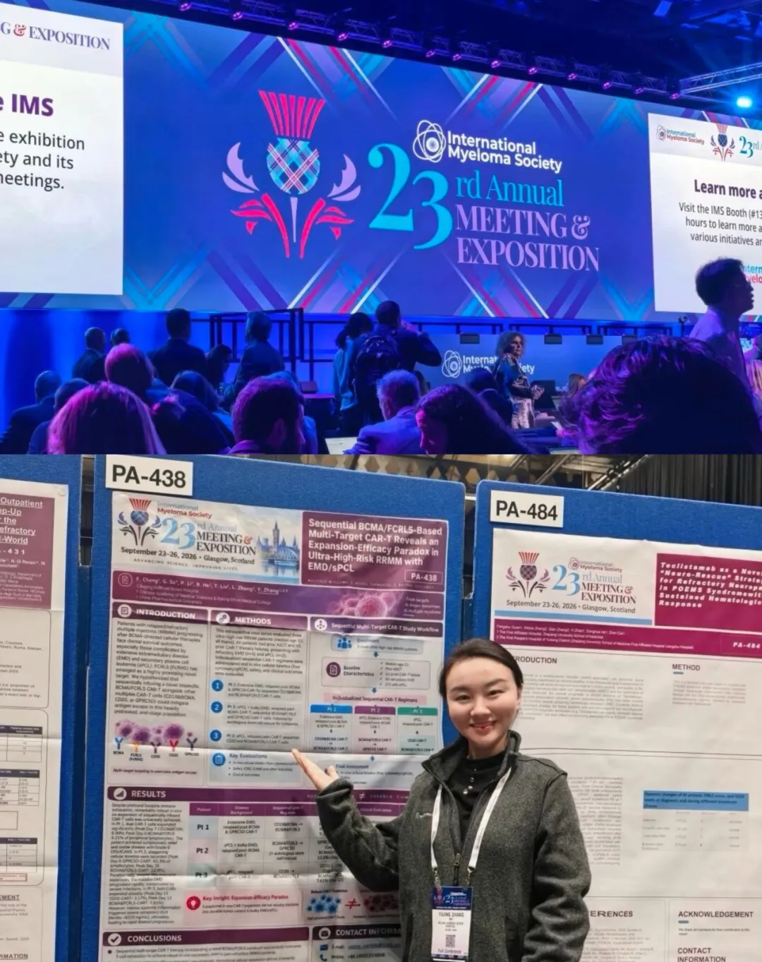 Prof. Zhang Yajing standing beside her poster PA-438 at the 23rd IMS Annual Meeting & Exposition in Glasgow, September 23-26, 2026